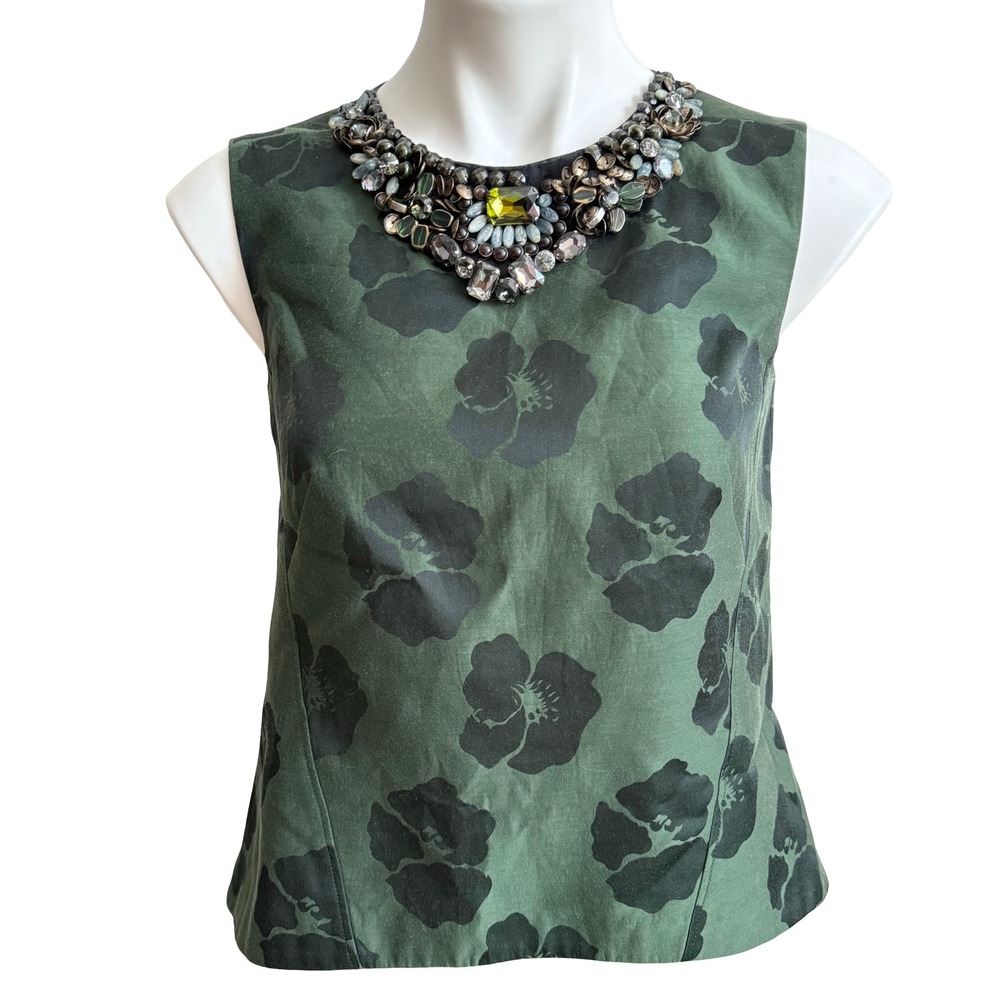 Tory Burch Green Garden Floral Jacquard Embellished Jewel Neck Sleeveless Top 8